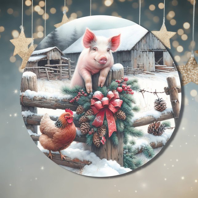 Cute Pig and Chicken Christmas Farm   Classic Round Sticker (Creator Uploaded)