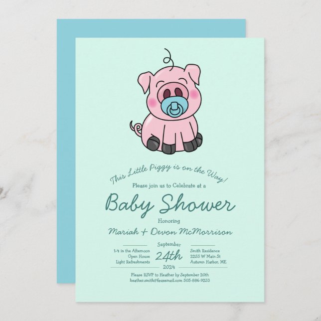 Cute Pig Baby Shower Kawaii Blue Boy Invitation (Front/Back)