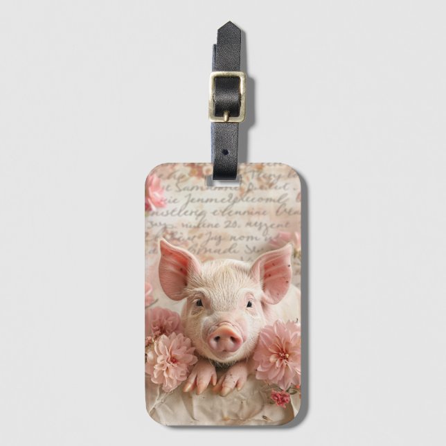 Cute Pig Blush Pink Flowers Luggage Tag (Front Vertical)