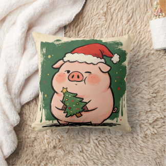 Cute Pig Christmas Tree Farm Animal Throw Pillow