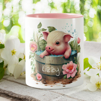 Cute Pig in a Bucket Pink Flowers Personalized Two-Tone Coffee Mug