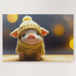 cute pig in a knitted suit in winter jigsaw puzzle