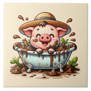 Cute pig in a mud bath bathroom tile
