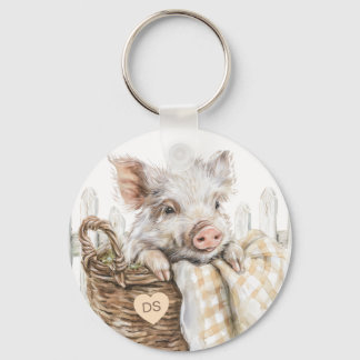 Cute Pig In Basket Monogram Personalized Keychain