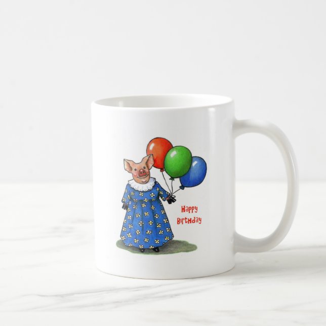 Cute Pig in Best Dress & Balloons: Happy Birthday Coffee Mug (Right)