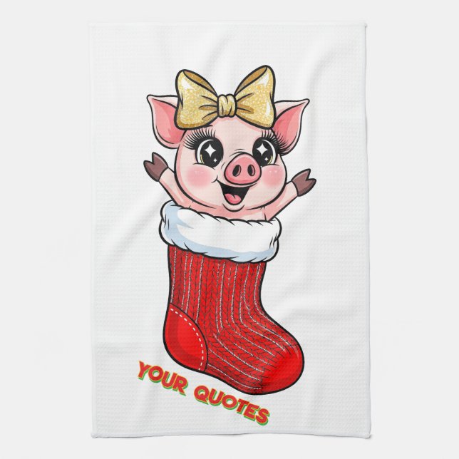 Cute Pig in Christmas Stocking Kitchen Towel (Vertical)