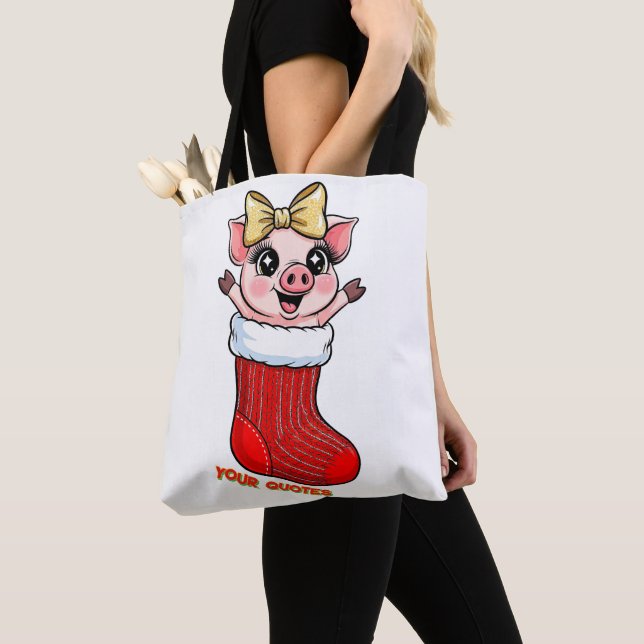 Cute Pig in Christmas Stocking Tote Bag (Close Up)