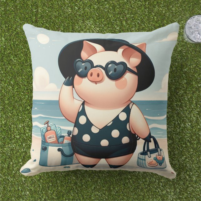Cute Pig in Polka Dot Swimsuit at the Beach Outdoor Pillow (Grass)