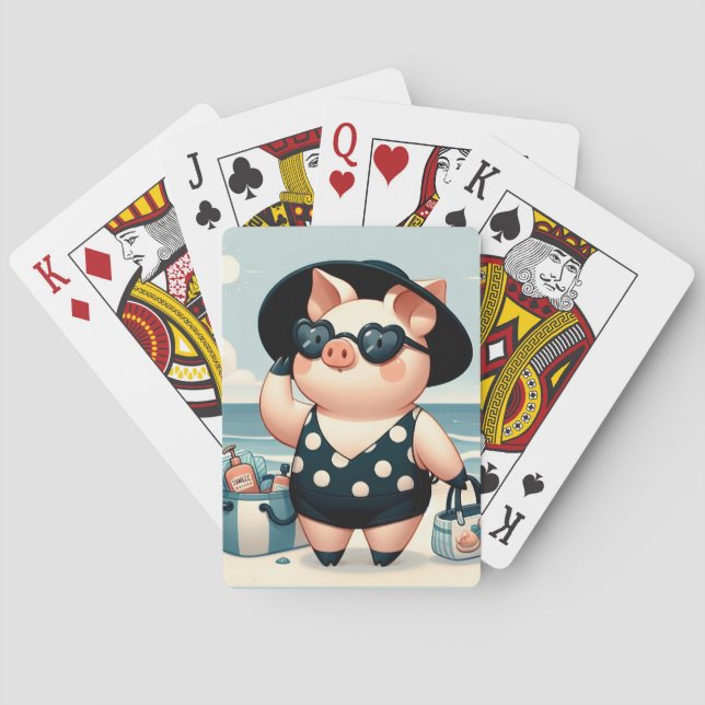 Cute Pig in Polka Dot Swimsuit at the Beach Playing Cards (Back)