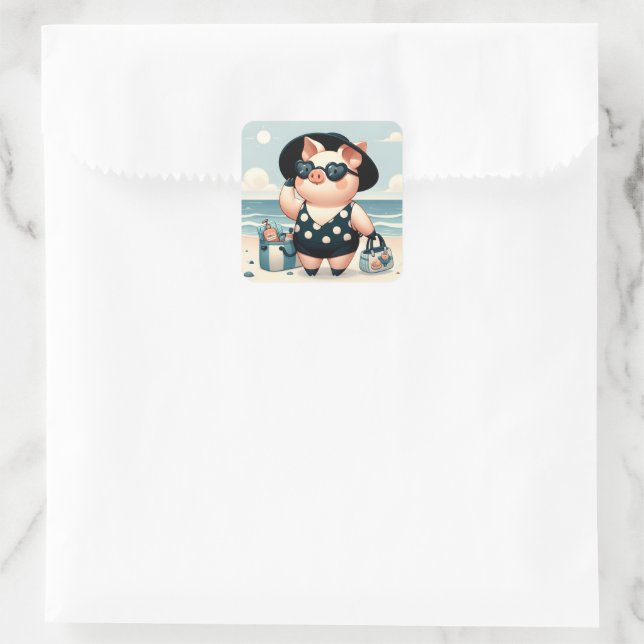 Cute Pig in Polka Dot Swimsuit at the Beach Square Sticker (Bag)