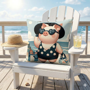 Cute Pig in Polka Dot Swimsuit at the Beach Throw Pillow