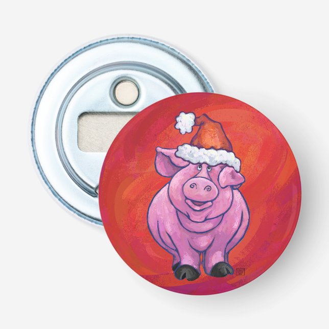 Cute Pig in Santa Hat on Red Bottle Opener (Front)