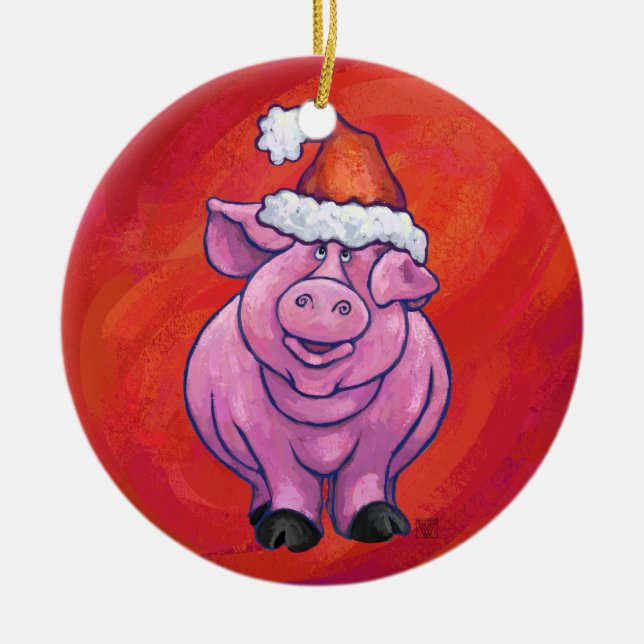Cute Pig in Santa Hat on Red Ceramic Ornament (Front)