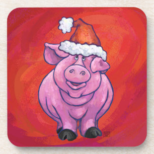 Cute Pig in Santa Hat on Red Coaster