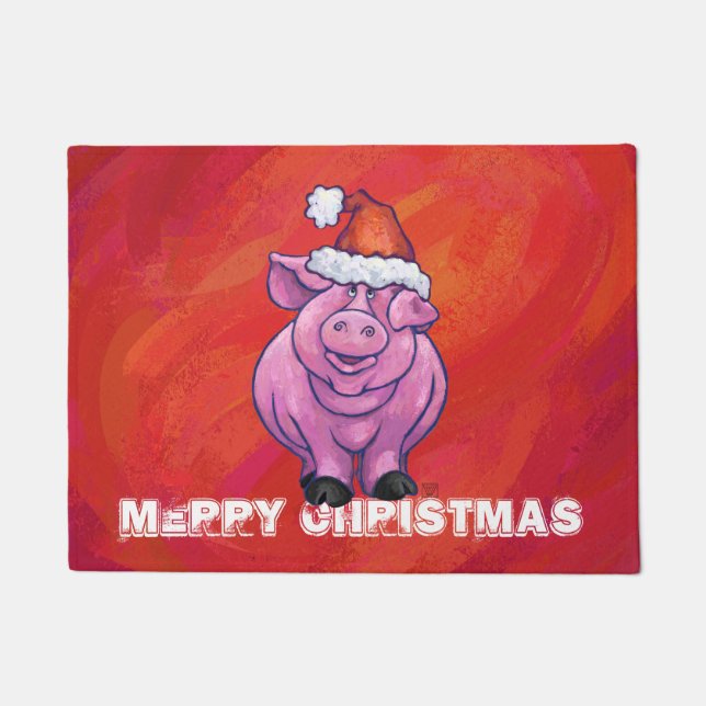 Cute Pig in Santa Hat on Red Doormat (Front)