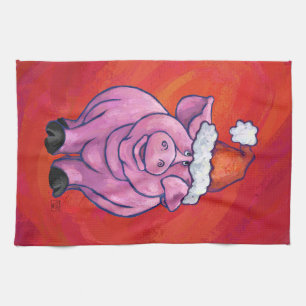 Cute Pig in Santa Hat on Red Kitchen Towel