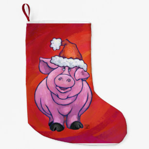 Cute Pig in Santa Hat on Red Small Christmas Stocking