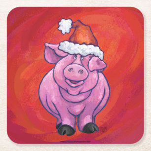Cute Pig in Santa Hat on Red Square Paper Coaster