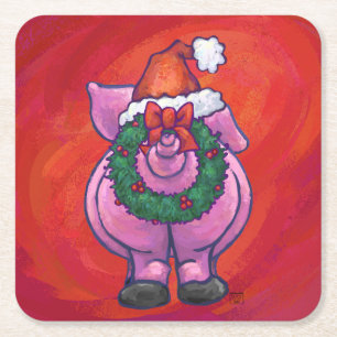 Cute Pig in Santa Hat on Red Square Paper Coaster
