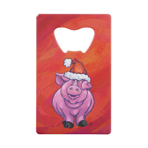 Cute Pig in Santa Hat on Red Wallet Bottle Opener