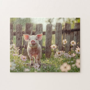Cute Pig in the Flower Garden Jigsaw Puzzle