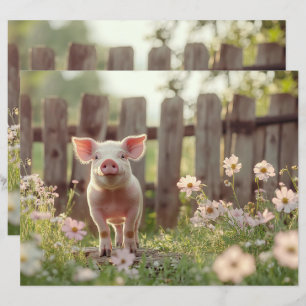 Cute Pig in the Flower Garden Scrapbook Paper