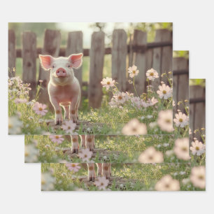 Cute Pig in the Flower Garden Wrapping Paper Sheet