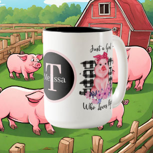 cute pig lovers girl add monogram Two-Tone coffee mug