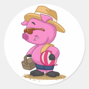 Cute pig on sand beach   choose background colour classic round sticker
