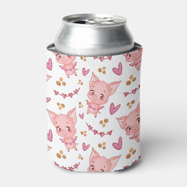 Cute Pig Pattern With Hearts Can Cooler (Can Front)
