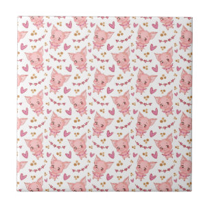 Cute Pig Pattern With Hearts Tile