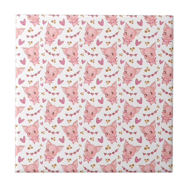 Cute Pig Pattern With Hearts  Tile (Front)