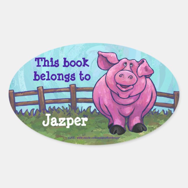 Cute Pig Personalized Book Plate Oval Sticker (Front)
