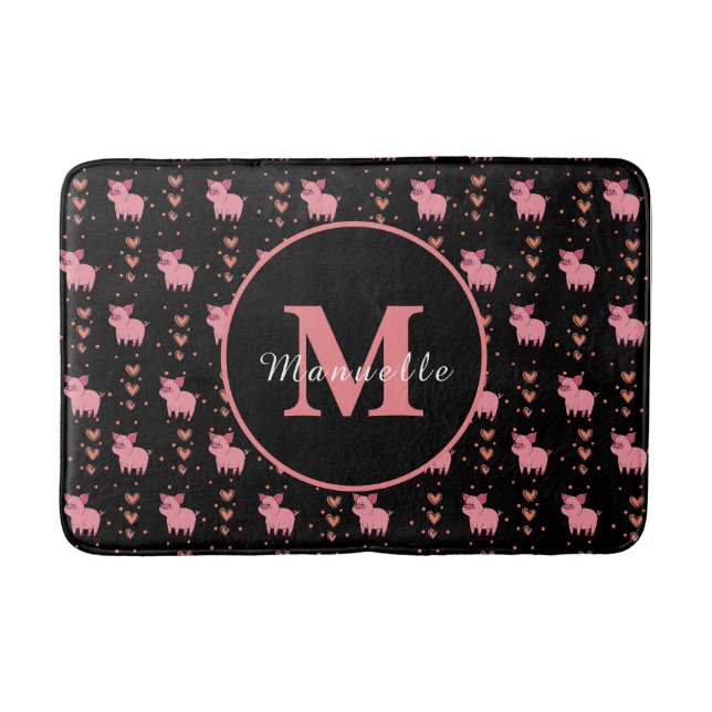 Cute Pig Piggy Monogram Personalized Kid Name Pink Bath Mat (Front)
