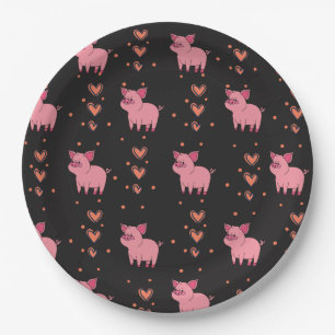 Cute Pig Piggy with Pink Heart Pattern Black Style Paper Plate