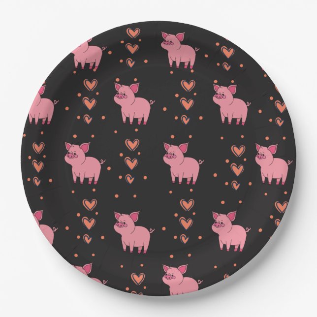 Cute Pig Piggy with Pink Heart Pattern Black Style Paper Plate (Front)