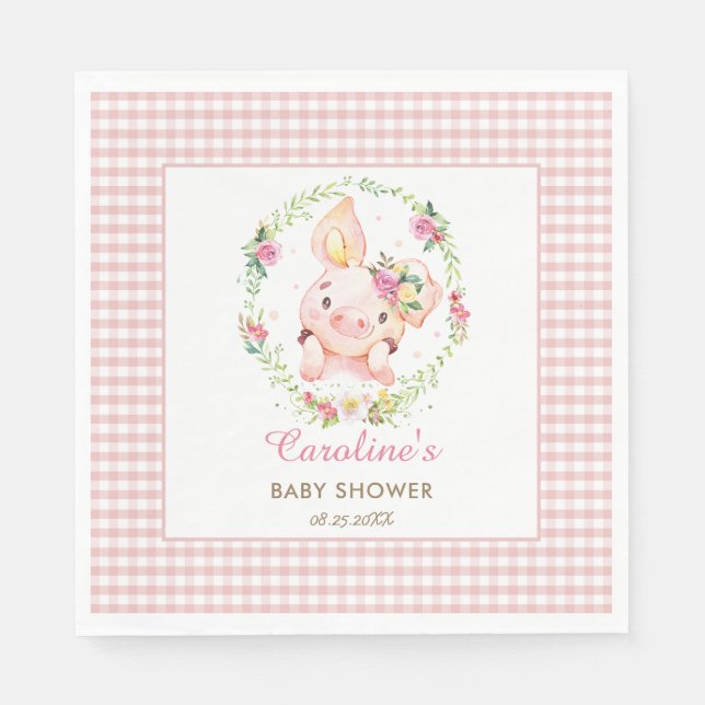 Cute Pig Pink Floral Baby Shower Birthday Gingham Napkin (Front)