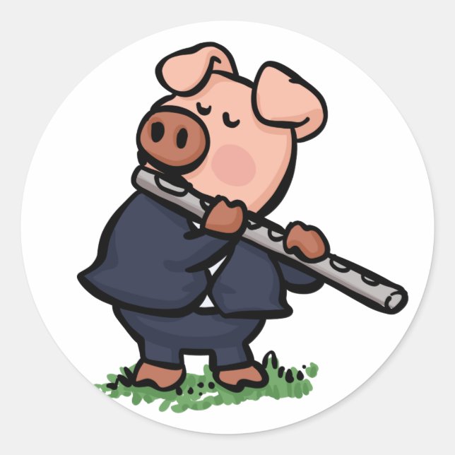 Cute Pig playing flute cartoon | choose back colou Classic Round Sticker (Front)