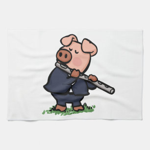 Cute Pig playing flute cartoon   choose back colou Kitchen Towel