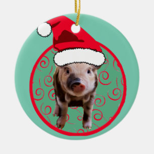 Cute Pig Santa - Teal and Red Ceramic Ornament