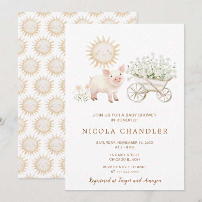 Cute Pig Wheelbarrow Baby Shower Invitation (Front/Back)