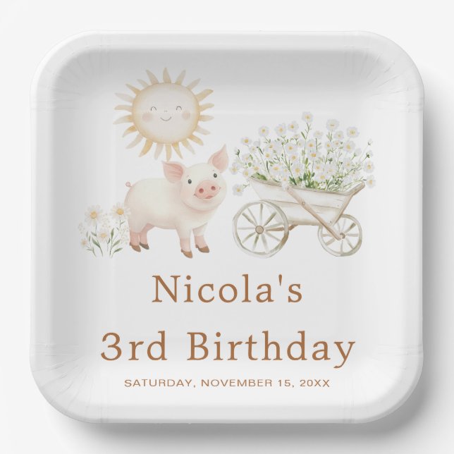 Cute Pig Wheelbarrow Birthday Paper Plate (Front)