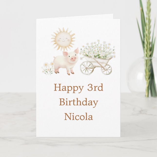 Cute Pig Wheelbarrow  Birthday Party Card (Front)