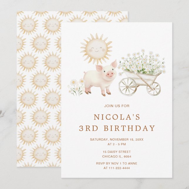Cute Pig Wheelbarrow Birthday Party Invitation (Front/Back)
