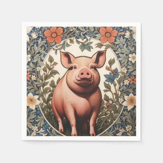 Cute Pig William Morris Inspired Napkin (Front)