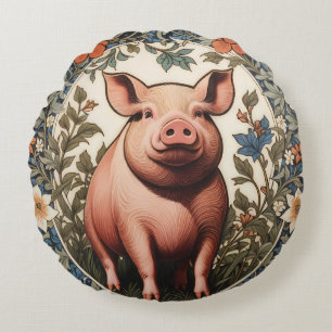Cute Pig William Morris Inspired Round Pillow
