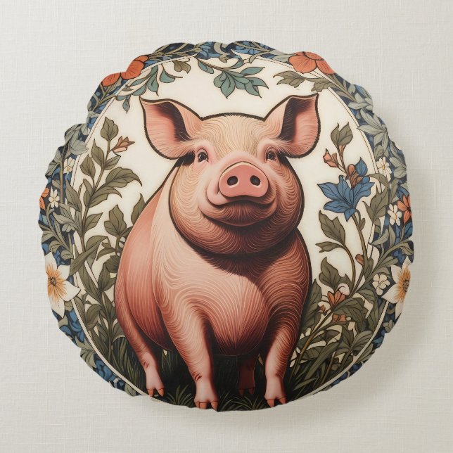 Cute Pig William Morris Inspired Round Pillow (Front)