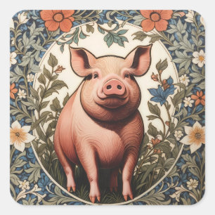 Cute Pig William Morris Inspired Square Sticker