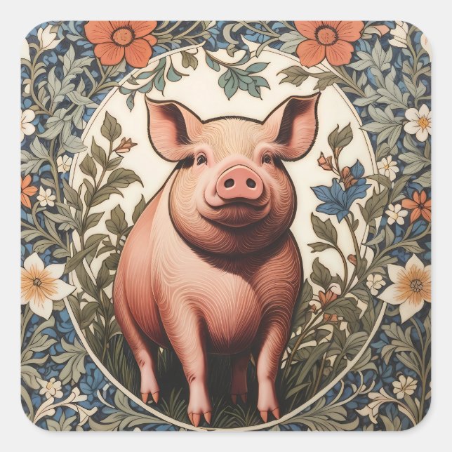 Cute Pig William Morris Inspired Square Sticker (Front)