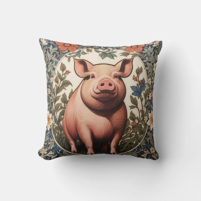 Cute Pig William Morris Inspired Throw Pillow (Front)